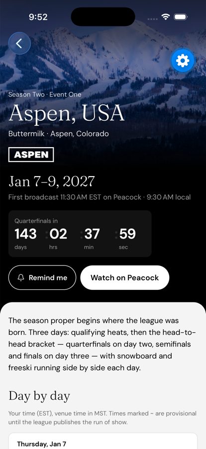 The Aspen event page: Buttermilk hero photo, countdown, broadcast times in the fan's own time zone
